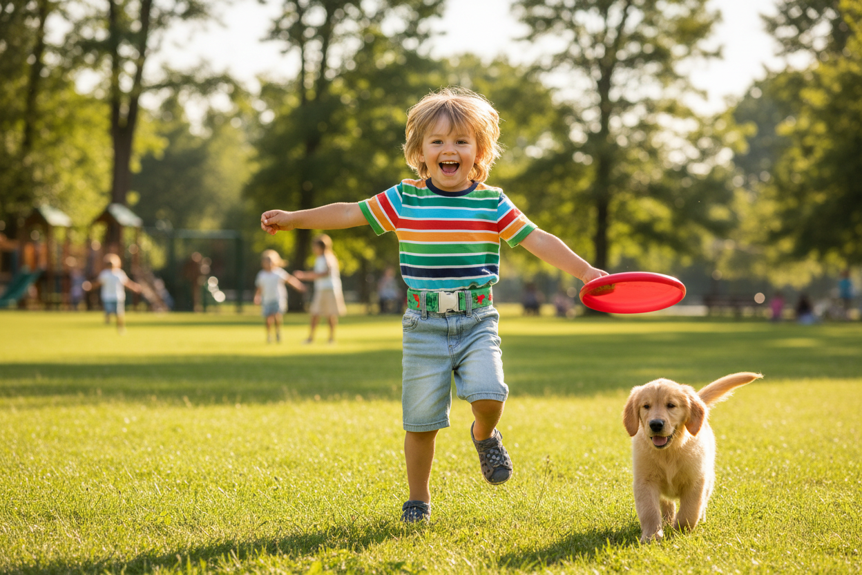 A happy child playing outdoors while wearing a comfortable adjustable kids belt, natural lighting, energetic and playful mood, everyday casual wear.