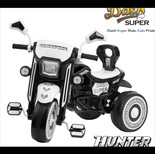 Black and white toy motorcycle with 'Hunter' branding on a black background