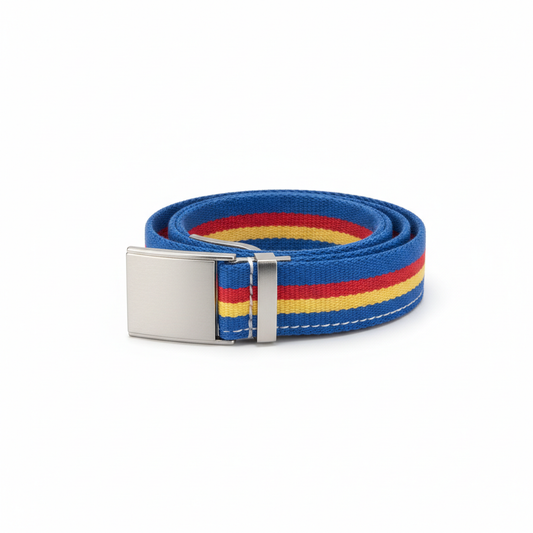 A professional e-commerce product photo of an affordable kids belt, centered on a pure white background. The belt is neatly laid flat, showing the adjustable buckle and durable stitching. Soft studio lighting, sharp focus, realistic textures, clean shadows. Minimalist style suitable for a Shopify product listing. High resolution, photorealistic.
