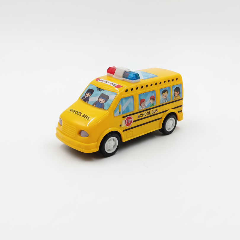 Toy school bus with colorful windows on a white background