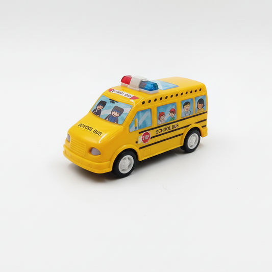 Toy school bus with colorful windows on a white background