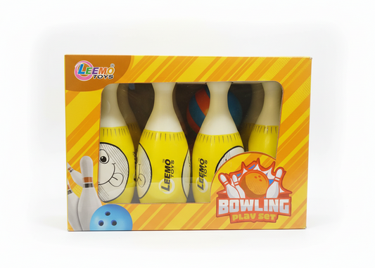 Packaged toy bowling set with colorful box on a white background