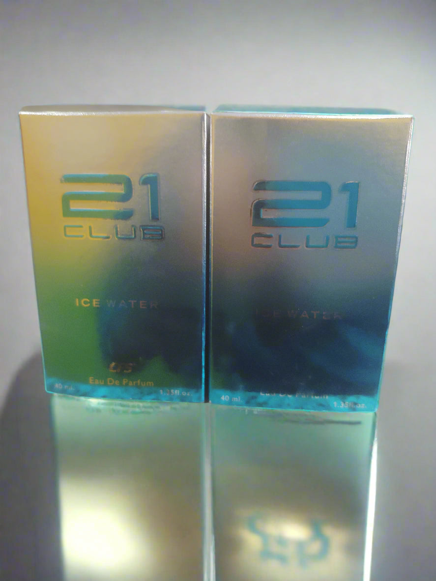 Two boxes of 21 Club Ice Water perfume on a countertop.